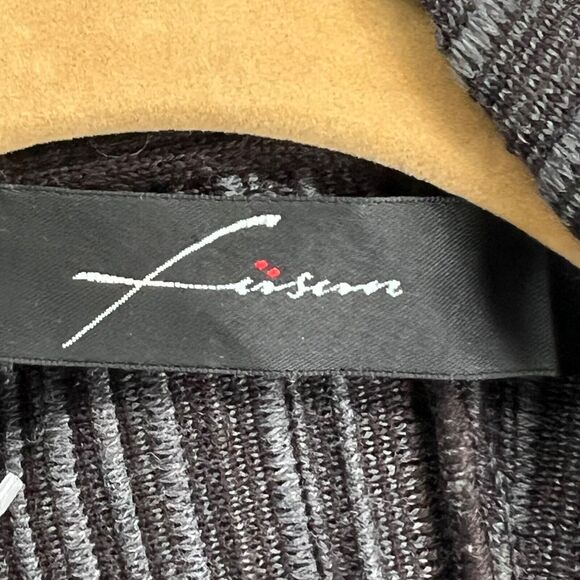 Fusun Cardigan Sweater L Brown Gray Abstract Stripe Merino Wool Open Lagenlook - Picture 11 of 16